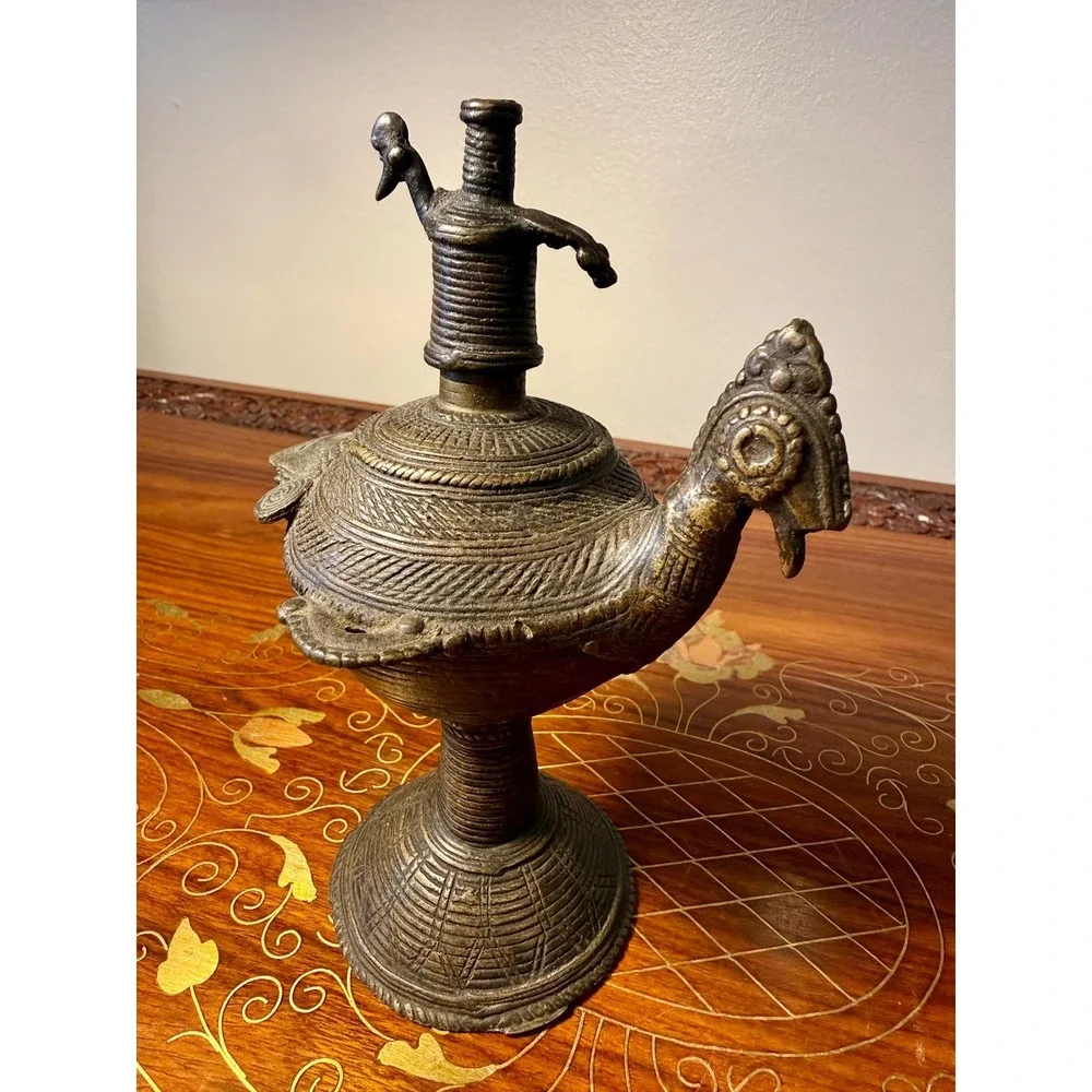 Antique‎ Indian Peacock Oil Lamp, Hand Cast Dhokra Brass Vessel